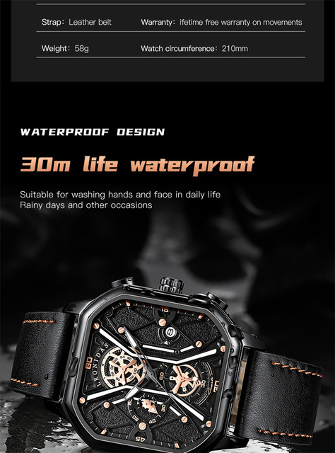 Luksusowy męski zegarek kwarcowy - kwadratowy, wodoodporny, skórzany pasek - Wianko - 10