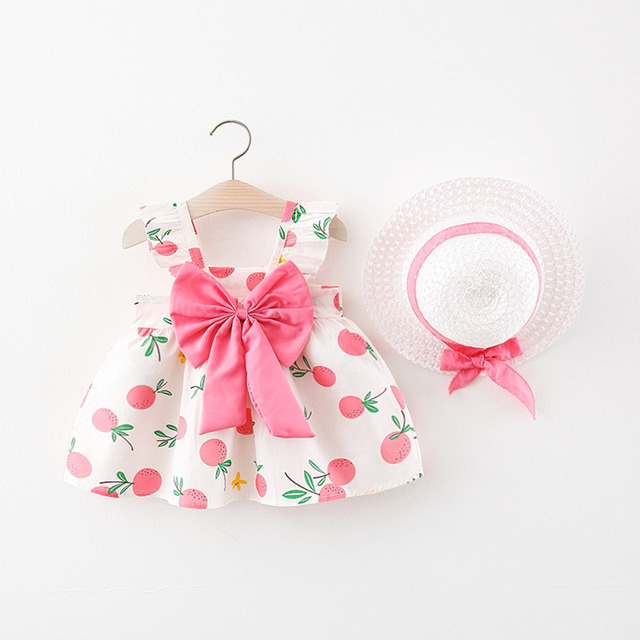 Zestaw dla noworodka dziewczyny - sukienka z długim rękawem z nadrukiem owoców, duży kapelusz, kokarda - letnie, modne ubranka plażowe - Wianko - 4