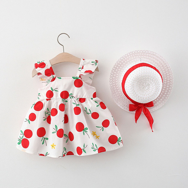 Zestaw dla noworodka dziewczyny - sukienka z długim rękawem z nadrukiem owoców, duży kapelusz, kokarda - letnie, modne ubranka plażowe - Wianko - 3