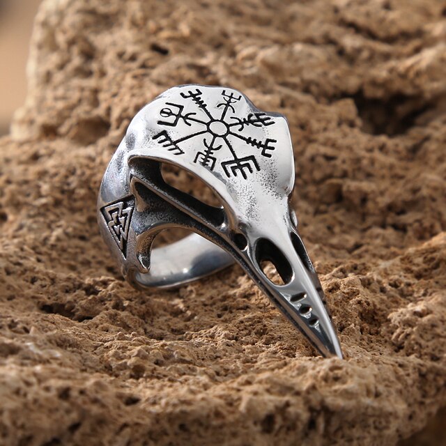 Pierścień gotycki z czaszką kruka Odin i symbolem Aegishjalmur z nierdzewnej stali, inspirowany wikingami - Wianko - 16