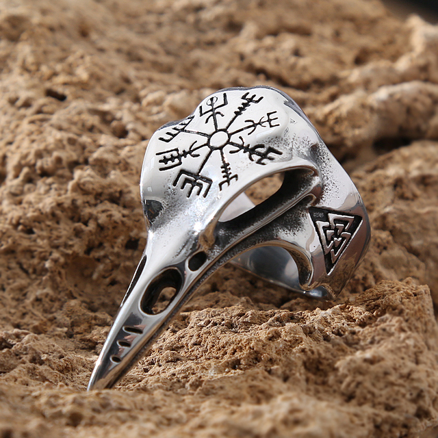 Pierścień gotycki z czaszką kruka Odin i symbolem Aegishjalmur z nierdzewnej stali, inspirowany wikingami - Wianko - 17