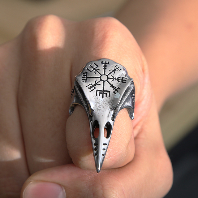 Pierścień gotycki z czaszką kruka Odin i symbolem Aegishjalmur z nierdzewnej stali, inspirowany wikingami - Wianko - 20