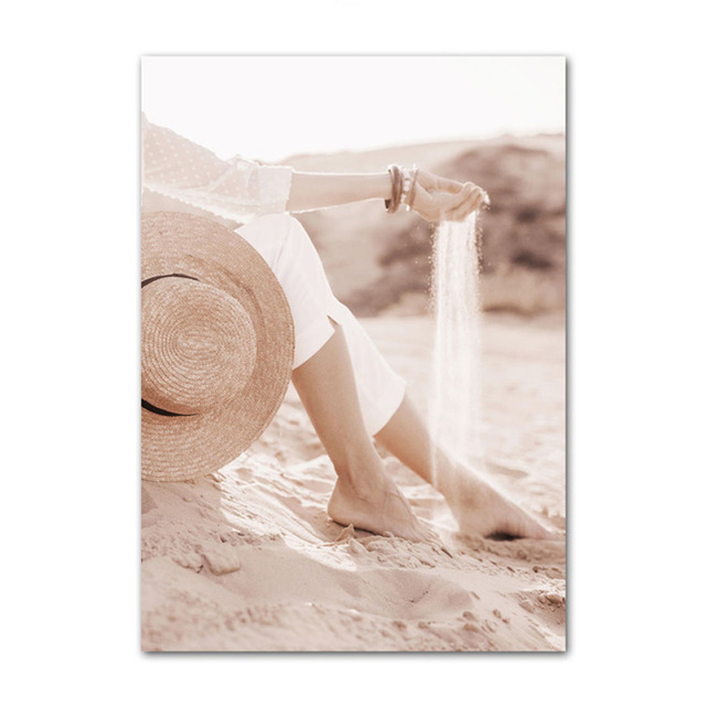 Styl skandynawski - obraz ścienny na płótnie z motywem plaży, kobieta, kwiat begonii, most z piór - wystrój salonu - Wianko - 7