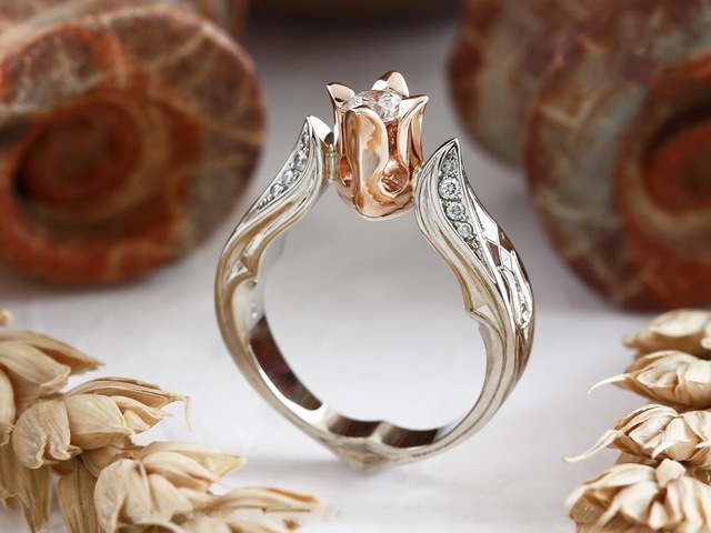 Różowy pierścionek zaręczynowy złoty - kwiaty liście dla kobiet - Wianko - 4