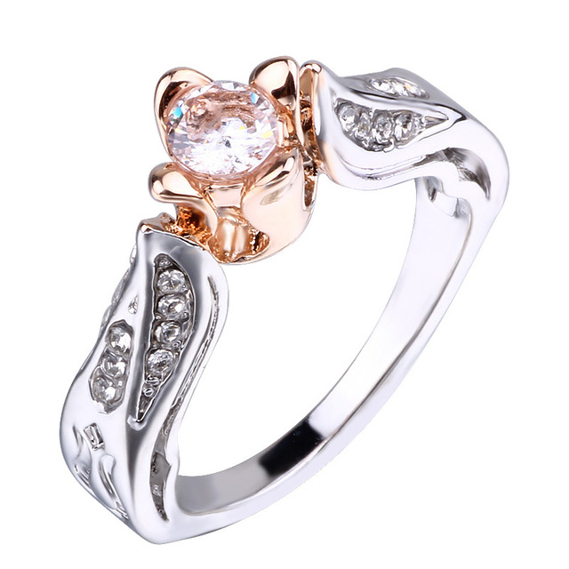 Różowy pierścionek zaręczynowy złoty - kwiaty liście dla kobiet - Wianko - 1