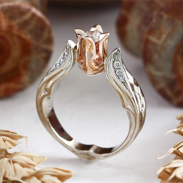 Różowy pierścionek zaręczynowy złoty - kwiaty liście dla kobiet - Wianko - 3