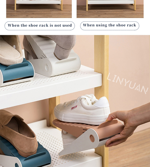 Półka na buty z regulowanym uchwytem – podwójna warstwa przechowywania, organizator oszczędzający miejsce dla domowego obuwia, materiał: tworzywo sztuczne - Wianko - 7