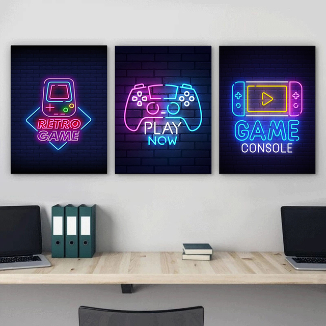 Jedz, śpij, graj, powtarzaj - plakat Neon i obrazy na płótnie do pokoju zabaw, dekoracja wnętrz Gamingowski obraz ścienny z gamepadem - Wianko - 3