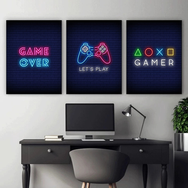 Jedz, śpij, graj, powtarzaj - plakat Neon i obrazy na płótnie do pokoju zabaw, dekoracja wnętrz Gamingowski obraz ścienny z gamepadem - Wianko - 4