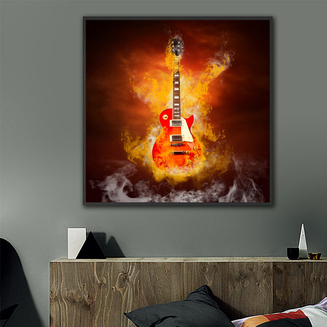 Plakat Gitara w ogniu - Bar Cafe Vintage, muzyka na płótnie, nowoczesne malarstwo, zdjęcie ściennie do salonu Home Decor - Wianko - 5