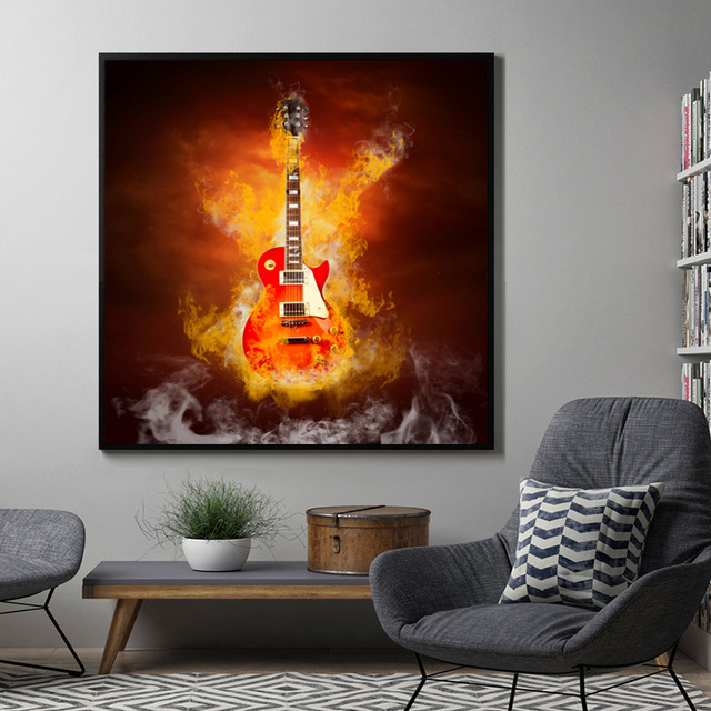 Plakat Gitara w ogniu - Bar Cafe Vintage, muzyka na płótnie, nowoczesne malarstwo, zdjęcie ściennie do salonu Home Decor - Wianko - 4