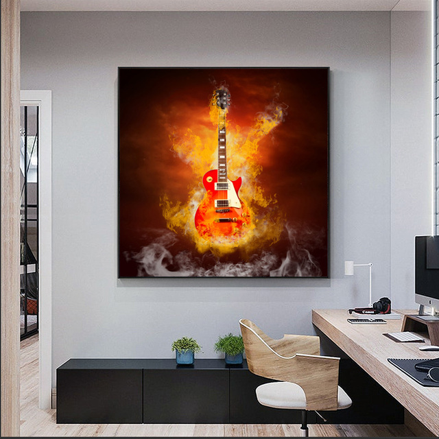 Plakat Gitara w ogniu - Bar Cafe Vintage, muzyka na płótnie, nowoczesne malarstwo, zdjęcie ściennie do salonu Home Decor - Wianko - 3