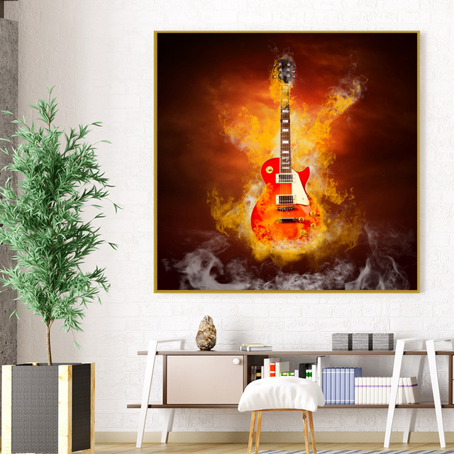 Plakat Gitara w ogniu - Bar Cafe Vintage, muzyka na płótnie, nowoczesne malarstwo, zdjęcie ściennie do salonu Home Decor - Wianko - 6