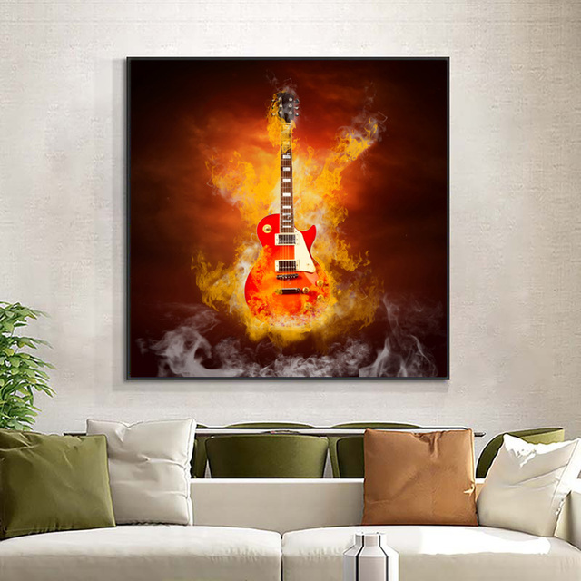 Plakat Gitara w ogniu - Bar Cafe Vintage, muzyka na płótnie, nowoczesne malarstwo, zdjęcie ściennie do salonu Home Decor - Wianko - 7
