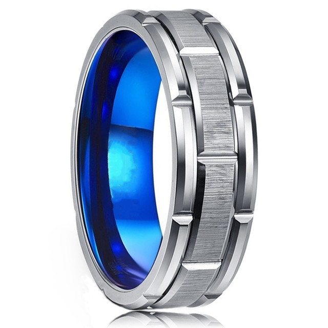 Męski pierścień ślubny z stali tytanowej, różowe złoto, niebieski szczotkowany podwójny rowek - Wianko - 14
