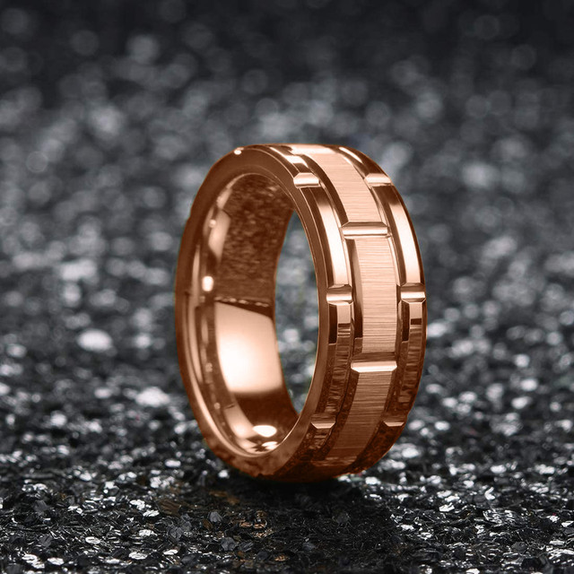 Męski pierścień ślubny z stali tytanowej, różowe złoto, niebieski szczotkowany podwójny rowek - Wianko - 2