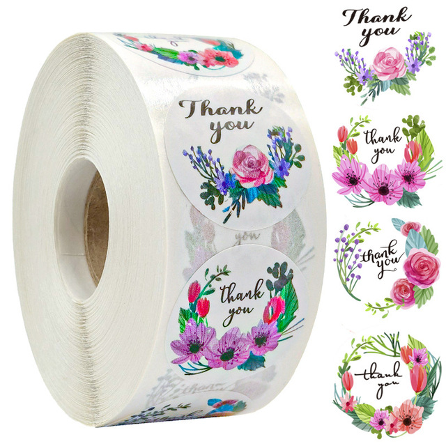 50-500szt. Okrągłe naklejki handmade 'Dziękuję' z kwiatowym wzorem do pieczenia, koperty, biznesu i etykietowania - Wianko - 1