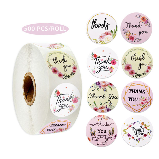 50-500szt. Okrągłe naklejki handmade 'Dziękuję' z kwiatowym wzorem do pieczenia, koperty, biznesu i etykietowania - Wianko - 25