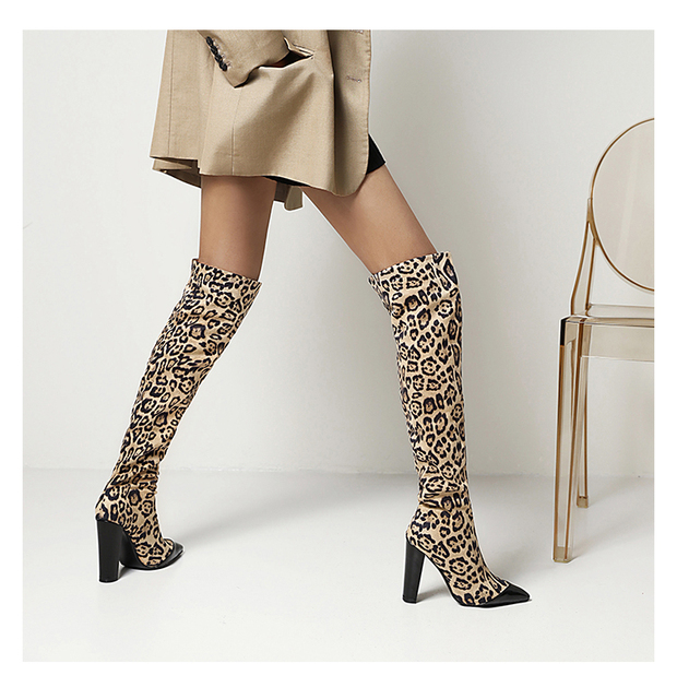 Modne damskie buty za kolano na jesień i zimę 2021 w cętki, z grubym, wysokim obcasem - Wianko - 21