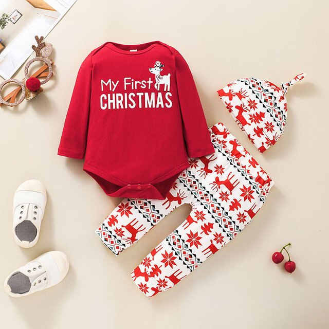 Zestaw Bożonarodzeniowych Ubranek dla Chłopca Baby Boy Girl - Moje Pierwsze Święta: Stroje z Długim Rękawem, Nadruk Jelenia, Romper oraz Spodnie z Kapeluszem - Wianko - 4