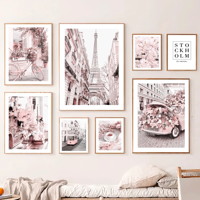 Plakat Paryż różowy na płótnie z motywami kawy, kwiatów i wieży - dekoracja ściany do wystroju pokoju, domu - Wianko - 5