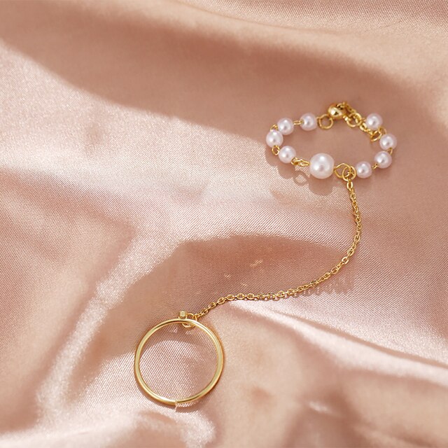 Nowoczesny łańcuszek z perłą w retro stylu - jeden lub dwa pierścionki - biżuteria dla kobiet - Wianko - 3