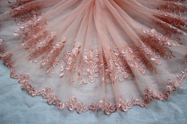Szeroka różowa koronka z kwiatowym haftem i wstążkami - garnitur z szyfonową spódnicą do tańca DIY (23 cm) - Wianko - 7