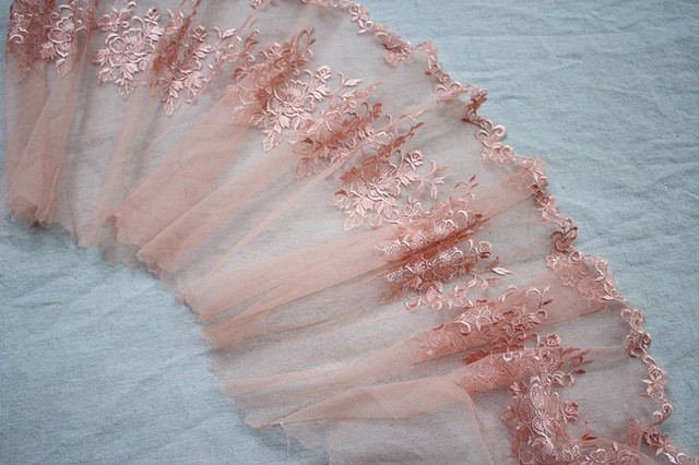 Szeroka różowa koronka z kwiatowym haftem i wstążkami - garnitur z szyfonową spódnicą do tańca DIY (23 cm) - Wianko - 9