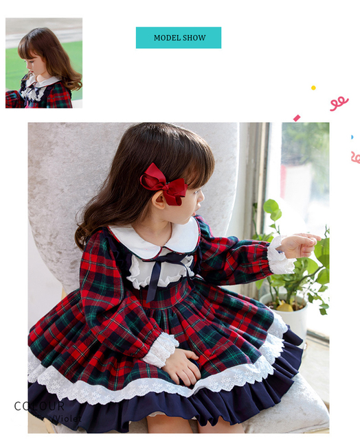 Sukienka jesienno-zimowa dla dziewczynek Baby Lolita Party Dress Kids Cosplay - suknia balowa w kratkę z kokardką na przodzie - Wianko - 3