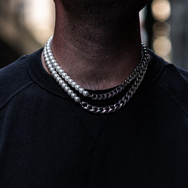Perłowy naszyjnik z kubańskiego łańcuszka z nierdzewnej stali - męska i damska moda hip-hopowa punkowa - Wianko - 1