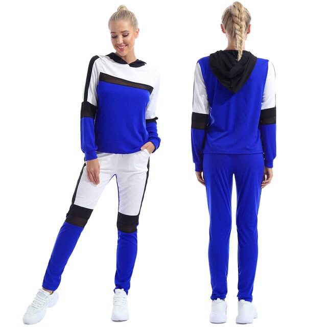 Bluza sportowa z długim rękawem i kapturem do biegania i fitness dla kobiet, wzór patchwork w kolorach wiosna-jesień, zestaw 2 sztuki - Wianko - 14