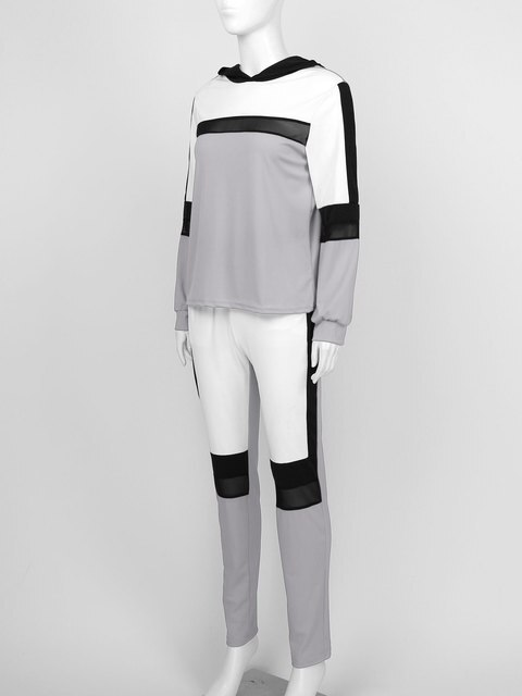 Bluza sportowa z długim rękawem i kapturem do biegania i fitness dla kobiet, wzór patchwork w kolorach wiosna-jesień, zestaw 2 sztuki - Wianko - 12
