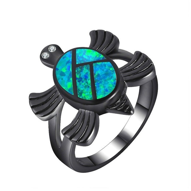 Pierścień Vintage Opal Ocean z motywem żółwia, unikatowy niebieski ognisty kształt, biżuteria plażowa dla kobiet - Wianko - 2