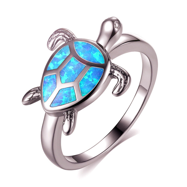 Pierścień Vintage Opal Ocean z motywem żółwia, unikatowy niebieski ognisty kształt, biżuteria plażowa dla kobiet - Wianko - 1