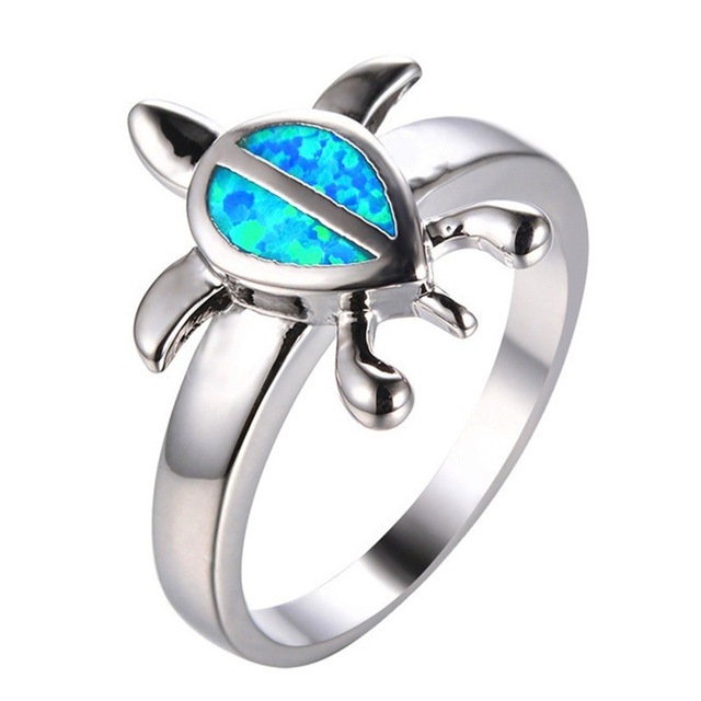 Pierścień Vintage Opal Ocean z motywem żółwia, unikatowy niebieski ognisty kształt, biżuteria plażowa dla kobiet - Wianko - 7