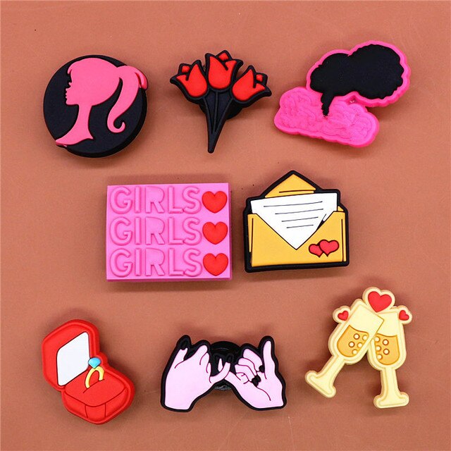 Dekoracje do butów - Urok różowej dziewczyny: różowa róża, listowy zaczep, pierścień, akcesoria do butów, prezent dla dzieci - pasujące do Croc Jibz - Wianko - 10
