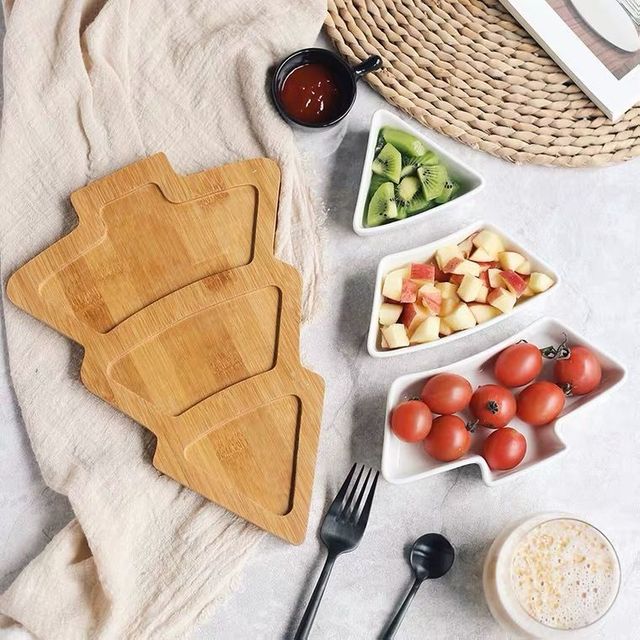 Obiadowy zestaw ceramiczny z talerzem na owoce, taca bambusowa i drewniany talerzyk deserowy - Naczynia i talerze - Wianko - 9