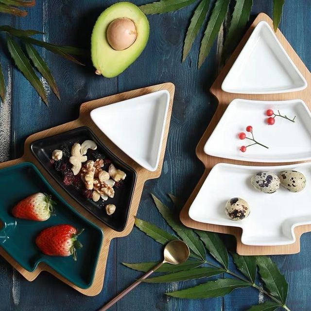 Obiadowy zestaw ceramiczny z talerzem na owoce, taca bambusowa i drewniany talerzyk deserowy - Naczynia i talerze - Wianko - 4