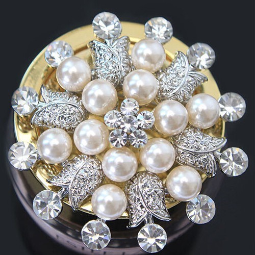 Fantastyczna broszka kobiety: stop w złotym odcieniu z jasnymi kryształami Rhinestone, opalowymi, okrągłym kwiatem - luksusowy bukiet ślubny dla panny młodej - Wianko - 42