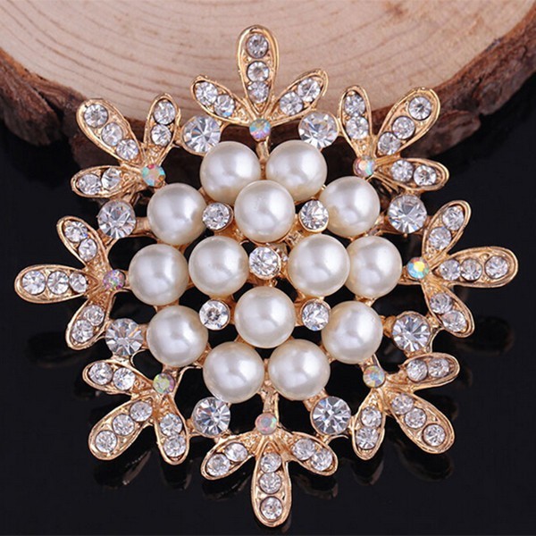 Fantastyczna broszka kobiety: stop w złotym odcieniu z jasnymi kryształami Rhinestone, opalowymi, okrągłym kwiatem - luksusowy bukiet ślubny dla panny młodej - Wianko - 50