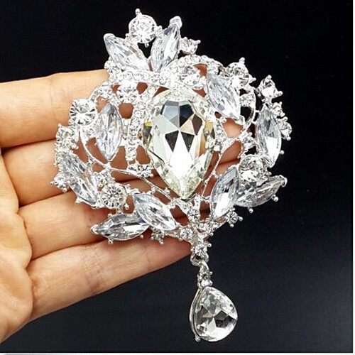 Fantastyczna broszka kobiety: stop w złotym odcieniu z jasnymi kryształami Rhinestone, opalowymi, okrągłym kwiatem - luksusowy bukiet ślubny dla panny młodej - Wianko - 24