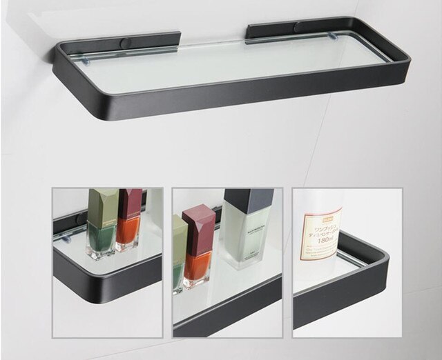 Czarna aluminiowa szklana półka łazienkowa, kwadratowa, 25-35-45cm - Wianko - 2