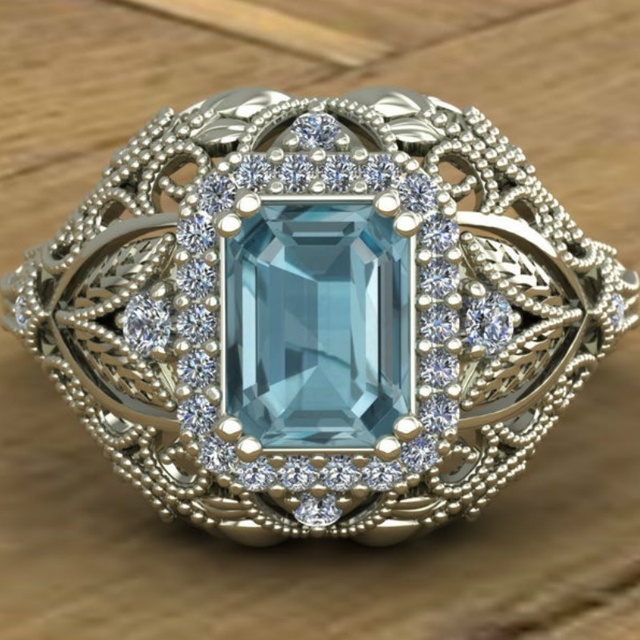 Pierścionek obrączka ślubna z niebieskim kamieniem cyrkonii w kształcie księżniczki - Wianko - 1