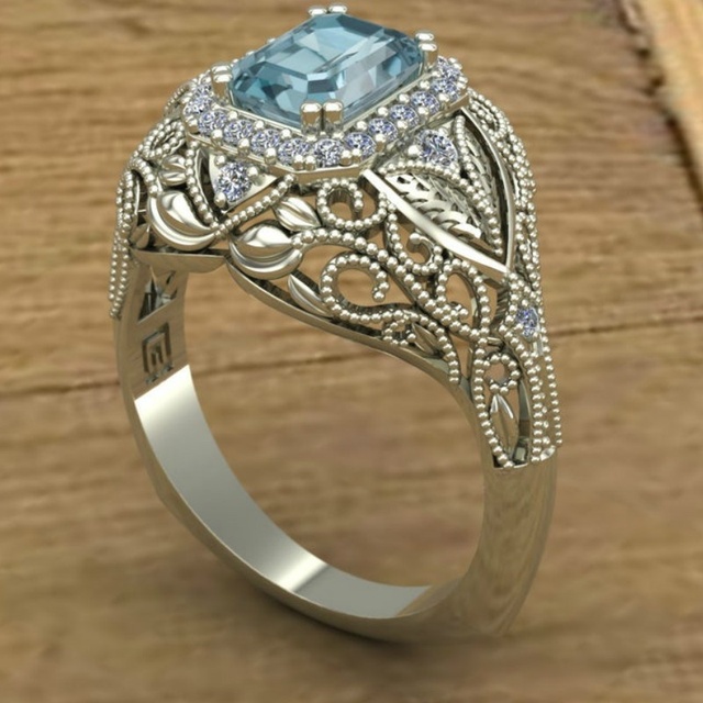 Pierścionek obrączka ślubna z niebieskim kamieniem cyrkonii w kształcie księżniczki - Wianko - 2