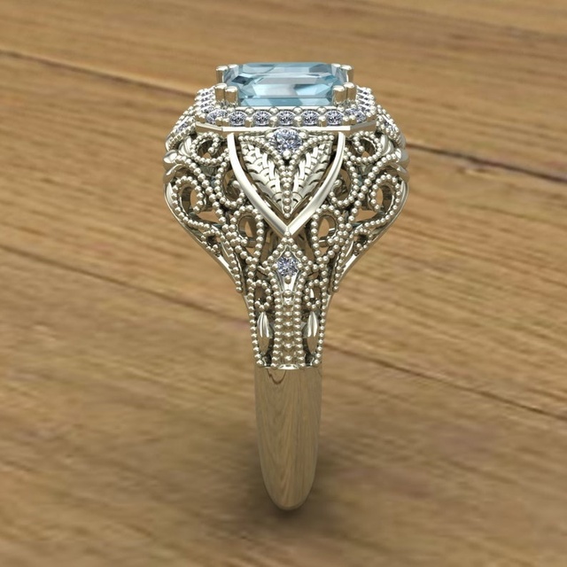 Pierścionek obrączka ślubna z niebieskim kamieniem cyrkonii w kształcie księżniczki - Wianko - 3