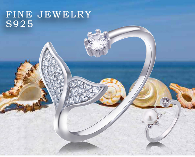 Ocean Mermaid - Pierścionek otwarty z cyrkoniami i perłami, wykonany z 925-srebra, regulowany rozmiar, biżuteria koreańska dla kobiet - Wianko - 1