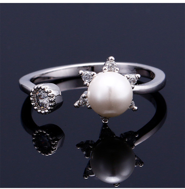 Ocean Mermaid - Pierścionek otwarty z cyrkoniami i perłami, wykonany z 925-srebra, regulowany rozmiar, biżuteria koreańska dla kobiet - Wianko - 9