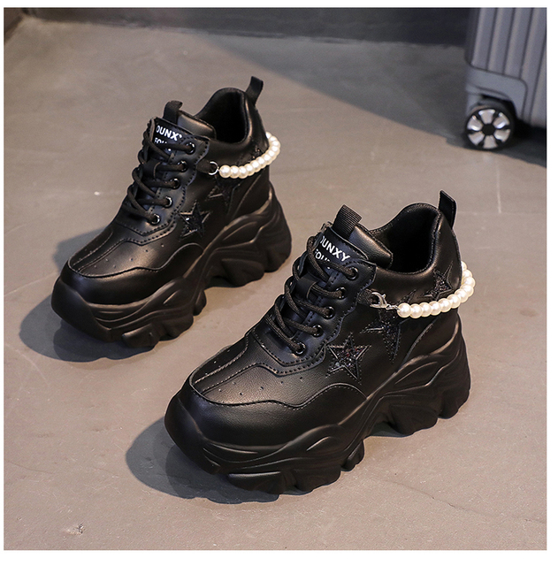 Buty damskie na wysokiej platformie Chunky Sneakers Zwiększające wzrost o 10 cm, wykonane ze skóry - jesień 2022 - Wianko - 10