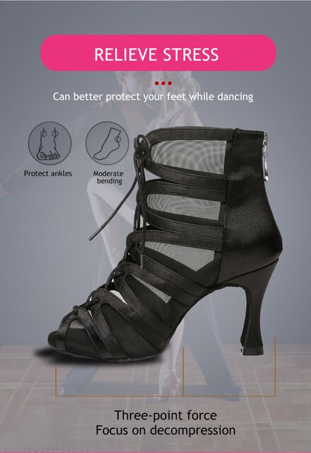 Czarne siatkowe buty do tańca dla kobiet w stylu łacińskim, sznurowane, z miękkiego zamszu, z wysokimi obcasami 6-10cm - Wianko - 7
