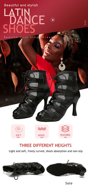 Czarne siatkowe buty do tańca dla kobiet w stylu łacińskim, sznurowane, z miękkiego zamszu, z wysokimi obcasami 6-10cm - Wianko - 1